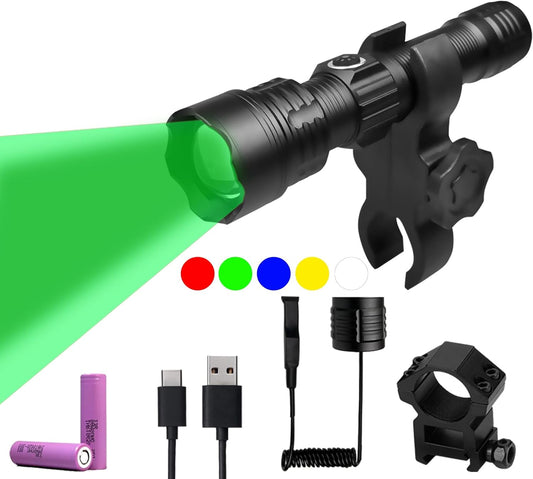 Grünes Licht für die Jagd auf Wildschweine, grüne Taschenlampe, rot, blau, weiß, 4-in-1-Licht für Kojote, Wildschwein, Waschbär, Raubtier, Ungeziefer, Scharfschütze, Zielfernrohr, Jagdlichter (grünes Wildschweinlicht)