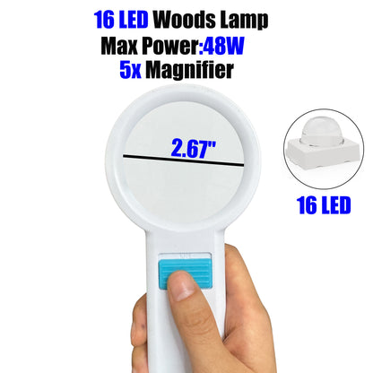 Cordless Wood's Lamp Ringworm Detection Light-Skin Testing-Esthetician-Veterinaria-5x Magnifying Wood Lamp Black Light-16 LED-Battery Powered Polarized Skin Dermatology Dermascope Light